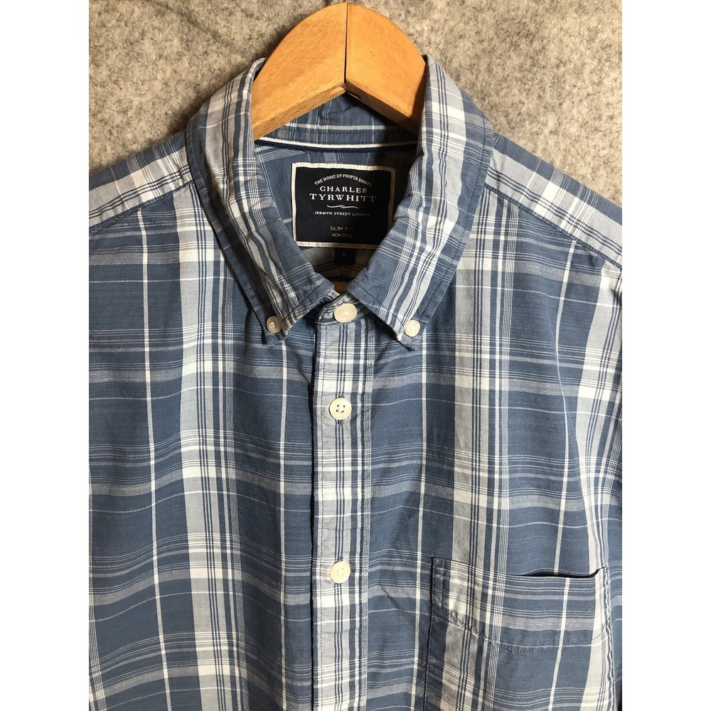 Charles Tyrwhitt Dress Shirt Mens Large Blue Check Slim Fit Non-Iron Classic